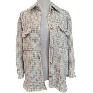 Shein Tweed Ivory Oversized Shacket Cardigan Sz OZ